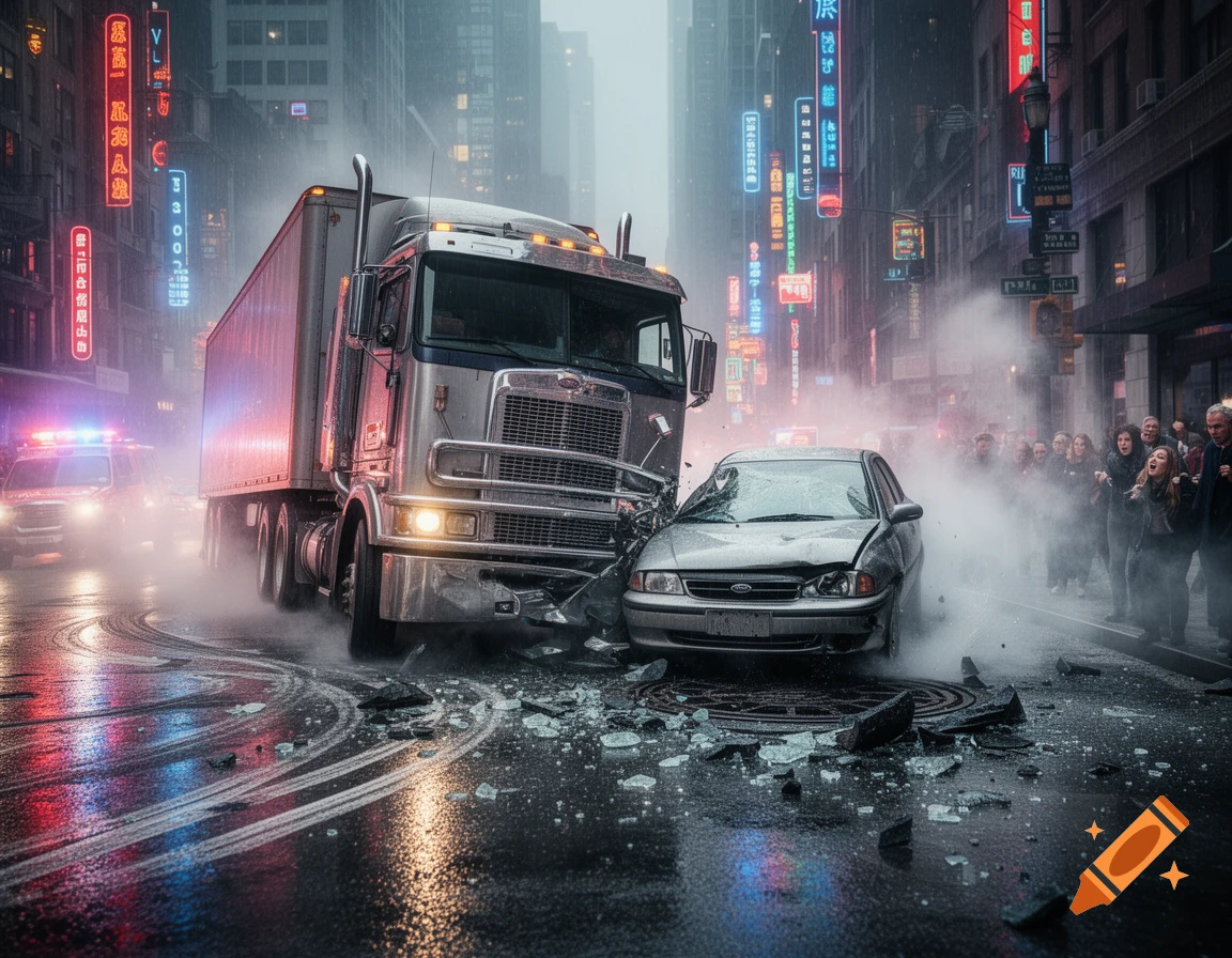 Photorealistic image of a truck and car after a head-on collision on a rainy city street, with smoke, debris, and onlookers.