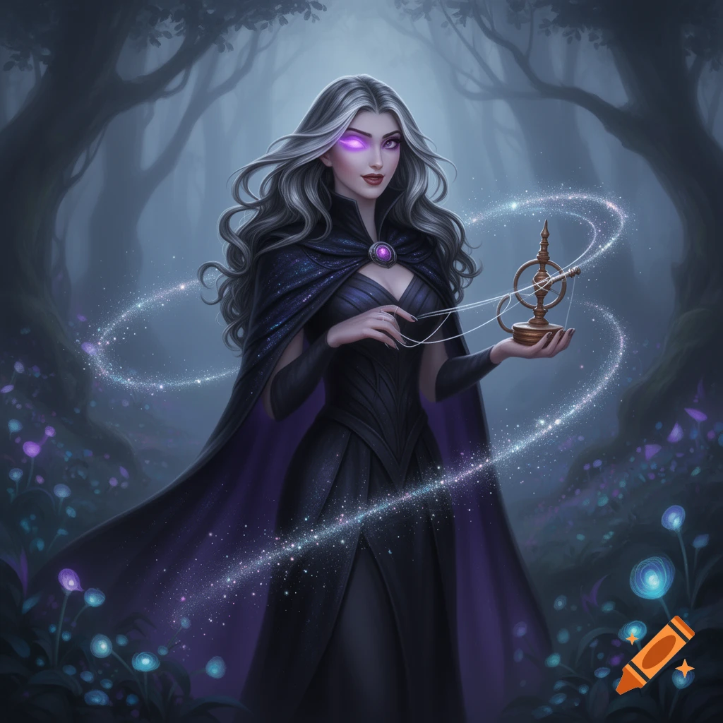 A mystical woman with silver hair and glowing violet eyes in a dark ...