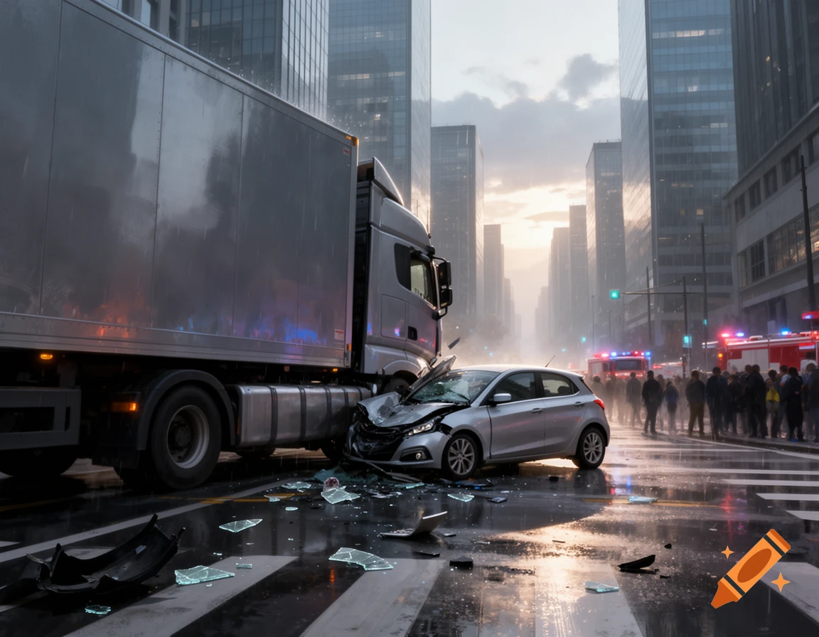 Photorealistic car crash scene with a truck and a silver car on a wet city street, emergency vehicles and people in the background.