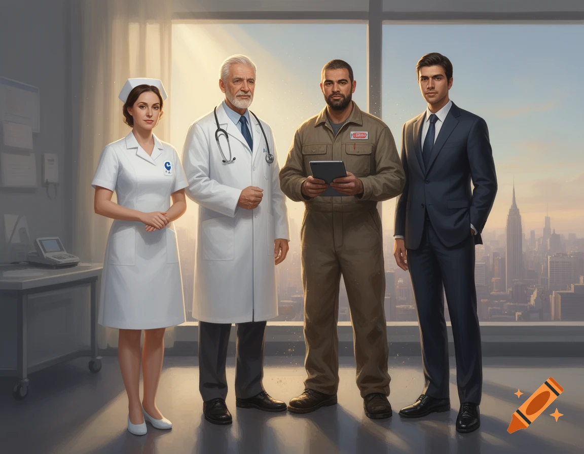A photorealistic illustration of a nurse, a doctor, a warehouse worker, and a CEO standing together against a cityscape background.
