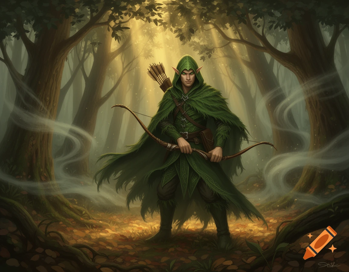 A hooded elf ranger with a bow stands in a sunlit forest, digital painting.