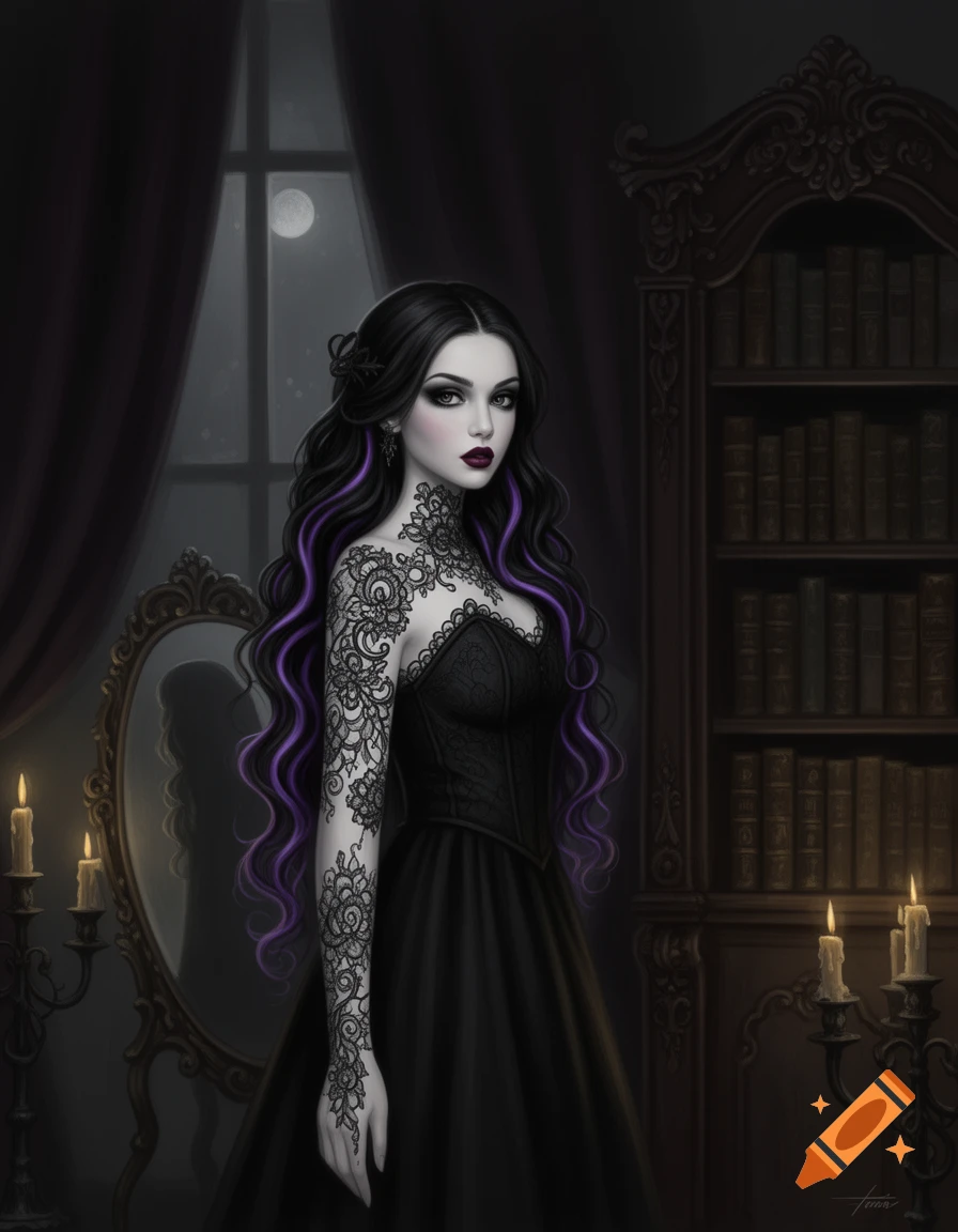 A goth woman in a black dress with lace details and purple-streaked hair stands in a dimly lit, ornate room with a bookshelf and candles.