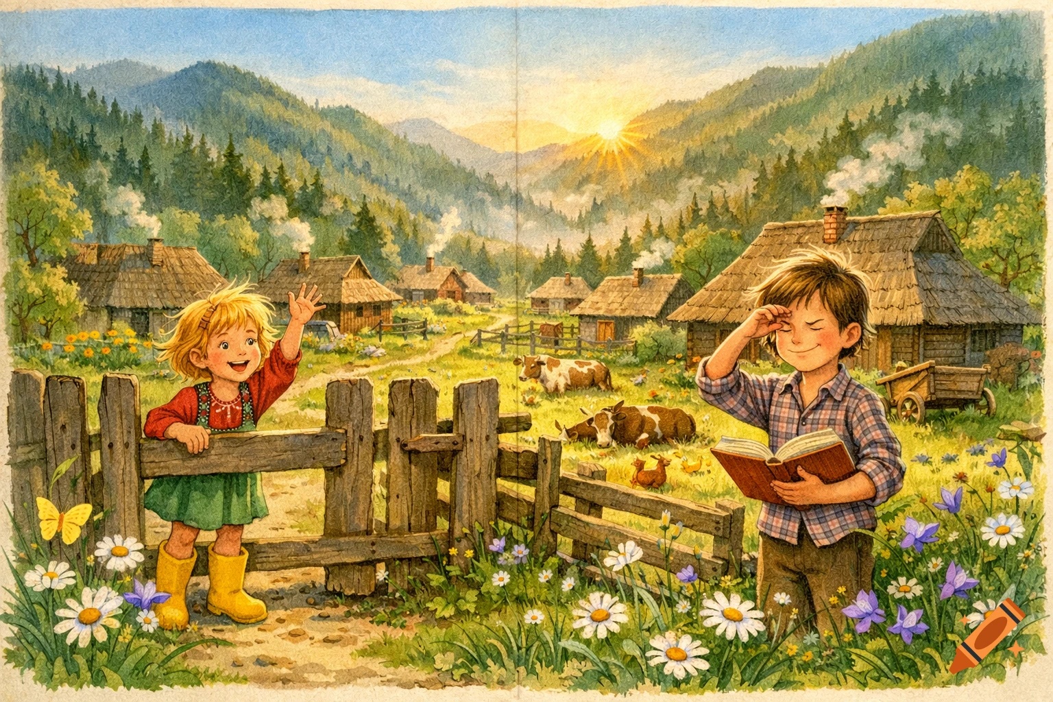 Watercolor illustration of a girl waving from a fence and a boy reading a book in a sunny mountain village with houses and cows.