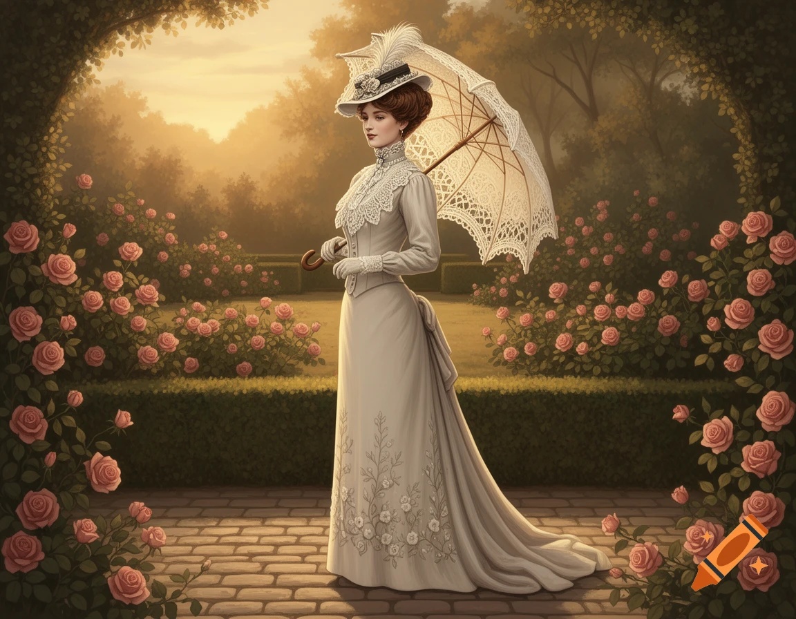 A woman in a white historical dress and feathered hat with an umbrella in a lush rose garden at sunset.