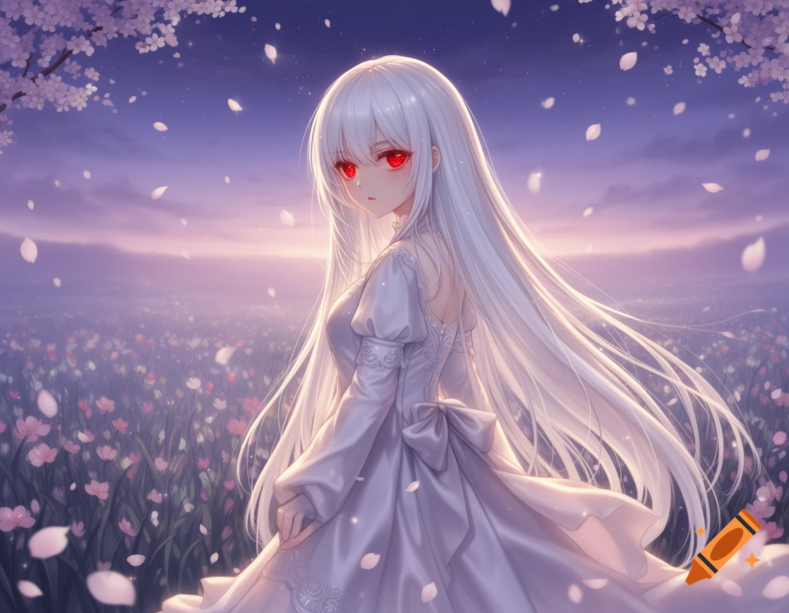 An anime girl with long white hair and red eyes stands in a field of ...