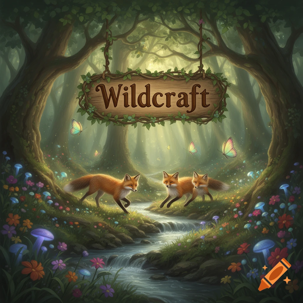 Illustrated fantasy forest scene with a "Wildcraft" sign, three foxes by a stream, glowing mushrooms, and butterflies.