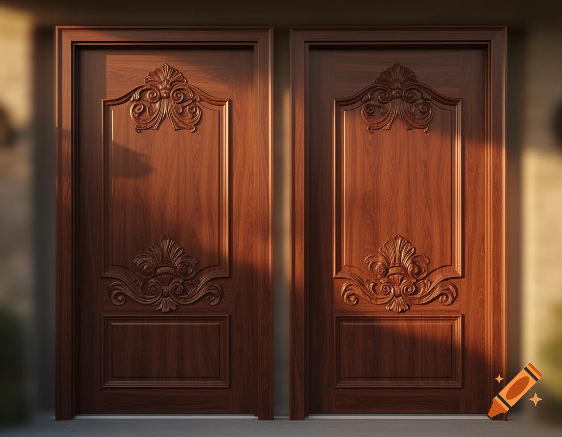 Two ornate carved wooden doors with a rich reddish-brown finish, illuminated by soft light.