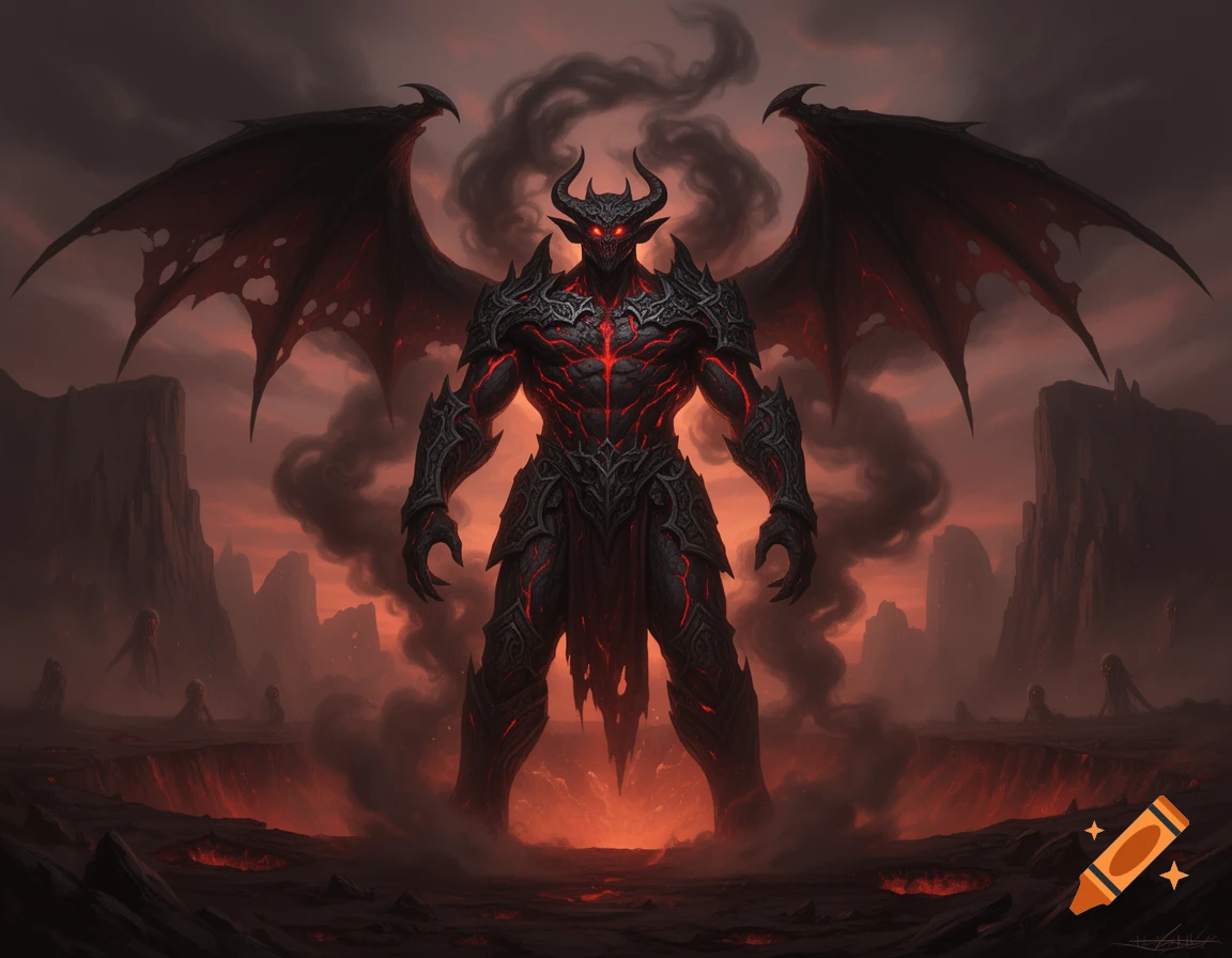 A powerful, horned demon with glowing red eyes, black armor, and large wings stands in a fiery, smoky hellscape.