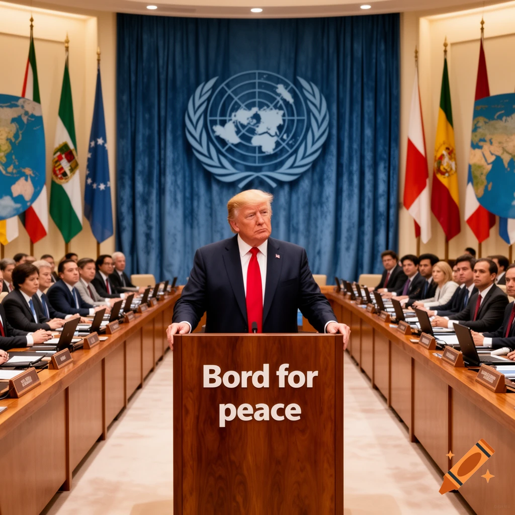 Donald Trump speaks from a podium with "Bord for peace" text, flanked by delegates and various flags in a large United Nations style room.