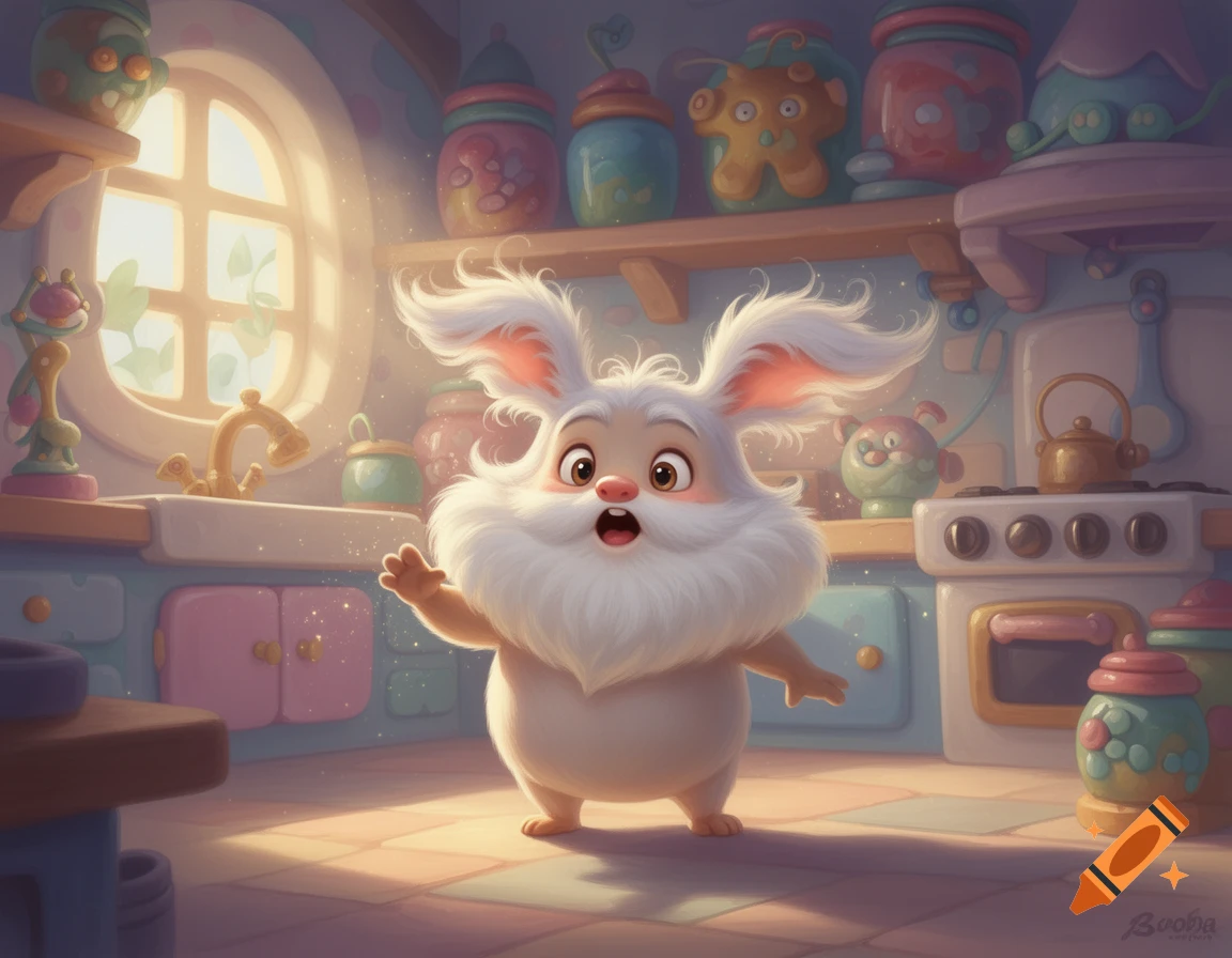 A cute, fluffy white cartoon creature with big eyes and a beard stands surprised in a whimsical, pastel-colored kitchen.