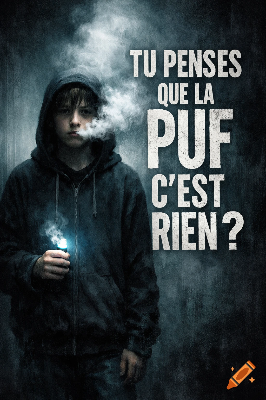 A young boy in a hoodie vaping, exhaling smoke, with glowing vape. Text says "TU PENSES QUE LA PUF C'EST RIEN?". Photorealistic style.