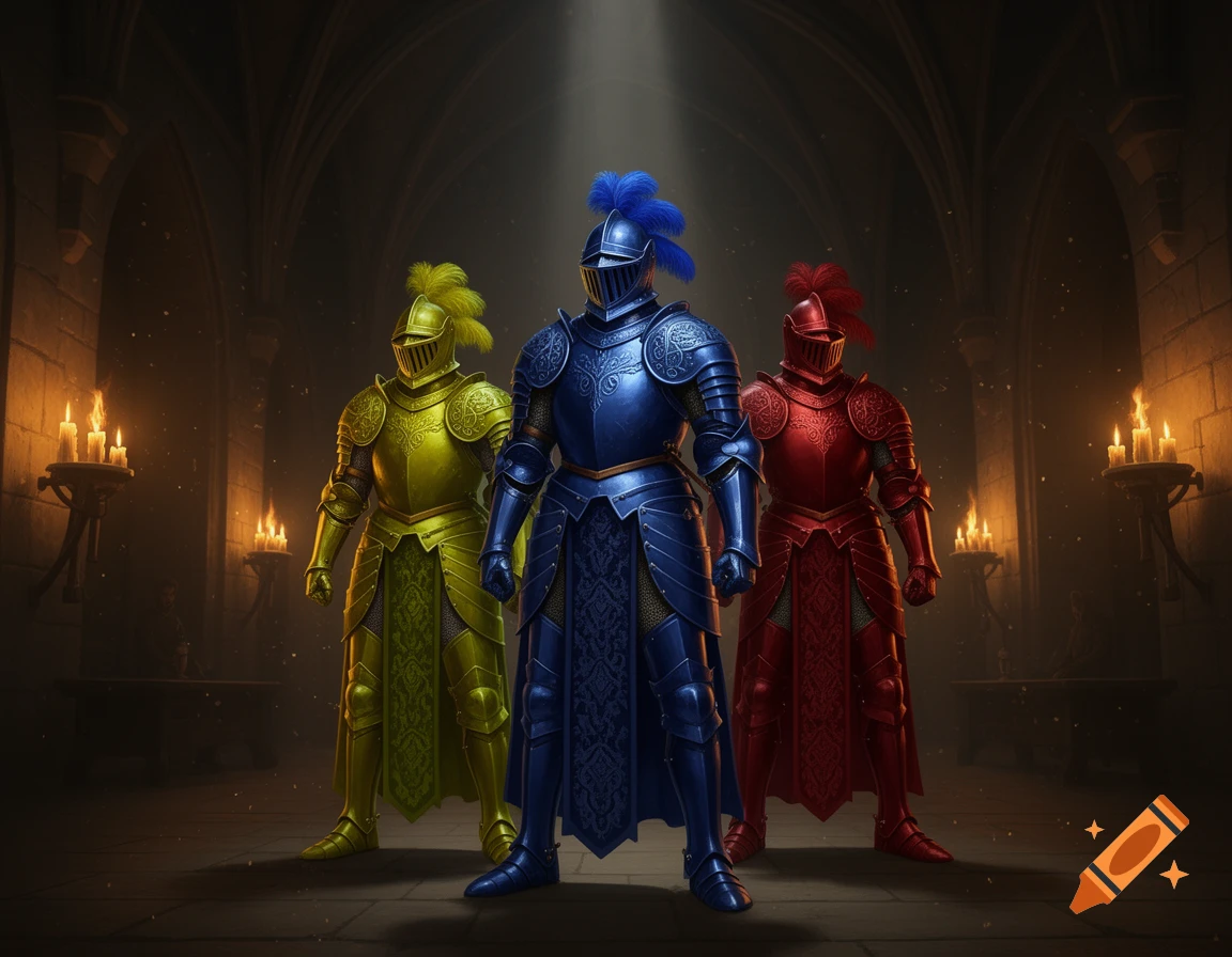 Three armored knights, one blue, one yellow, and one red, stand in a dimly lit castle hall with flickering candles.
