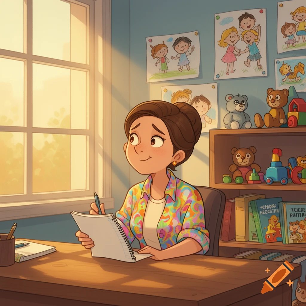 A cartoon teacher with a bun sits at a desk, writing in a notebook, smiling. Sunlight streams through a window. The room has children's drawings and toys.