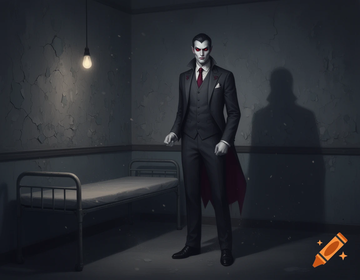 A pale-skinned vampire in a dark suit and red tie stands in a dimly lit, cracked asylum room with a metal bed.
