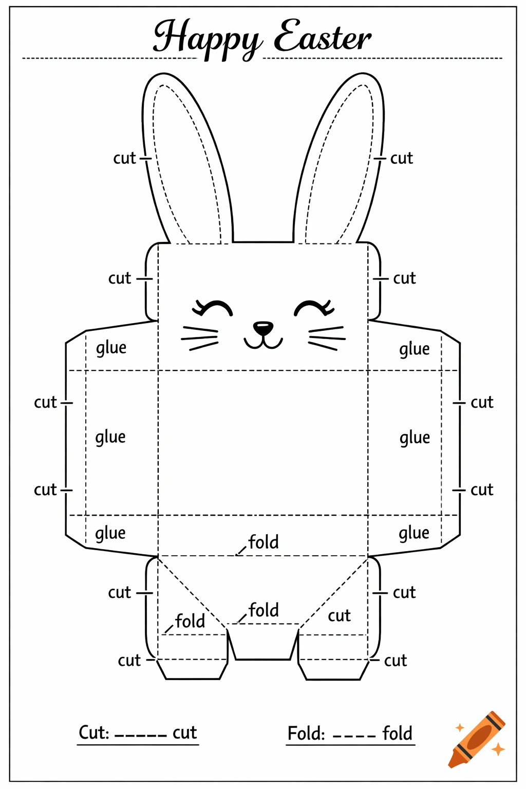 Black and white printable craft template for an Easter bunny gift box, with dotted fold lines, solid cut lines, and text instructions.