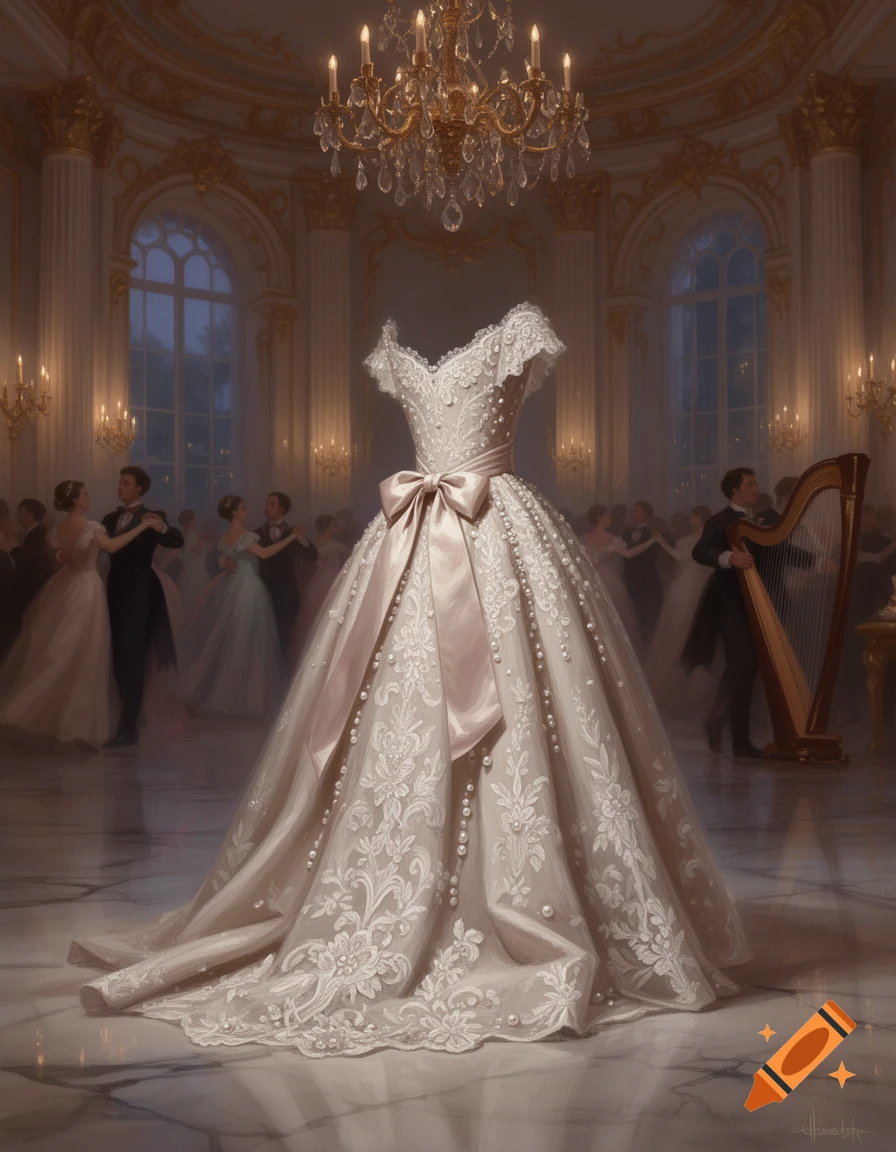 An elegant cream lace and pearl ball gown with a satin bow stands in a grand ballroom where couples dance under chandeliers.