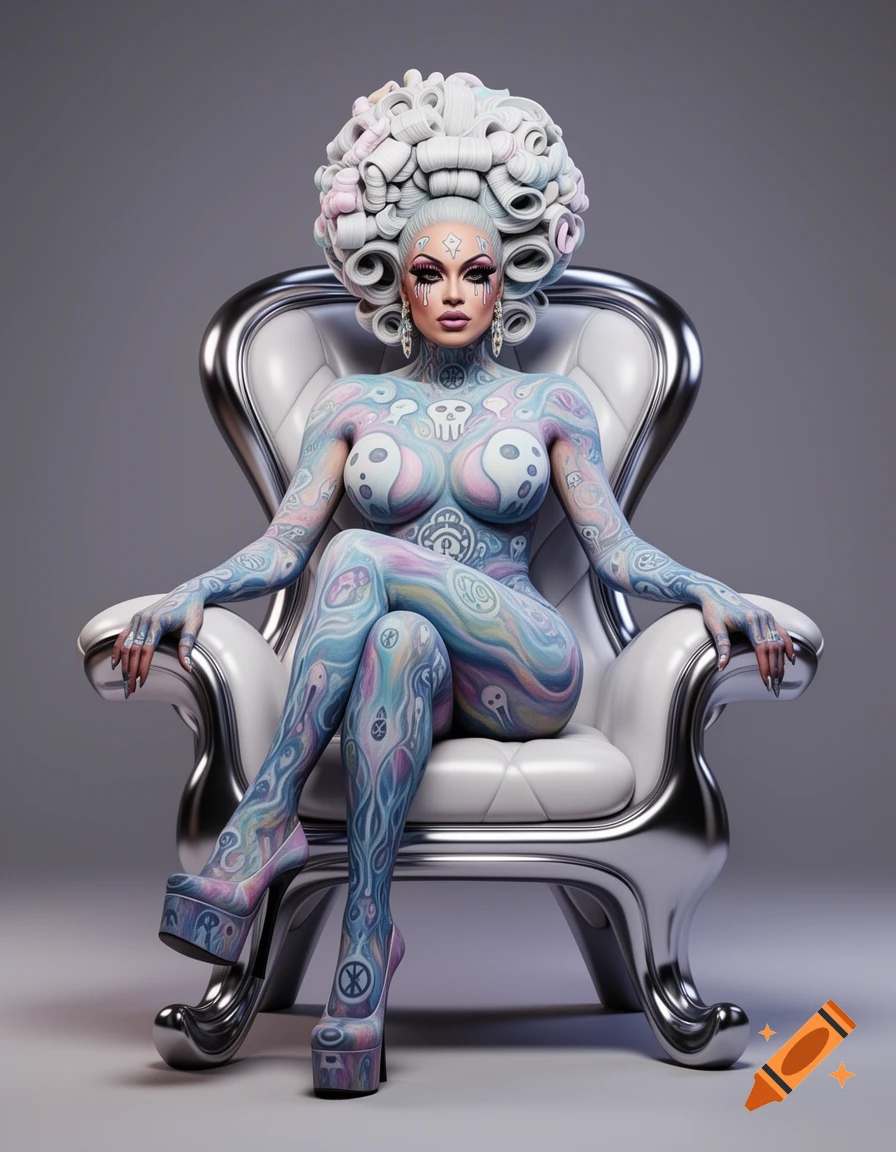 A hyper-stylized drag queen seated on a throne, covered in pastel patterned fabric body paint, with a massive sculptural white hairstyle.