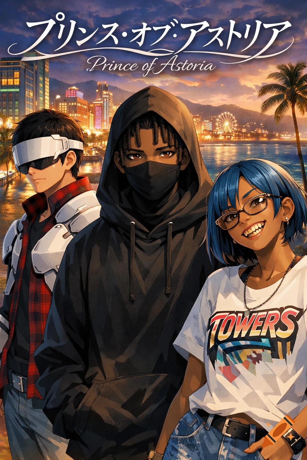 Anime cover art: three characters, including a man in a visor, a man in a black hoodie, and a smiling woman with blue hair, against a vibrant city skyline. Title: Prince of Astoria.