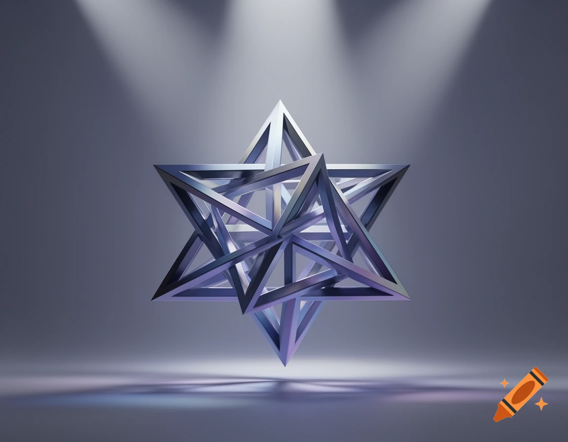 A metallic, impossible geometric star-like shape, made of interlocking triangles, illuminated by spotlights on a reflective surface.