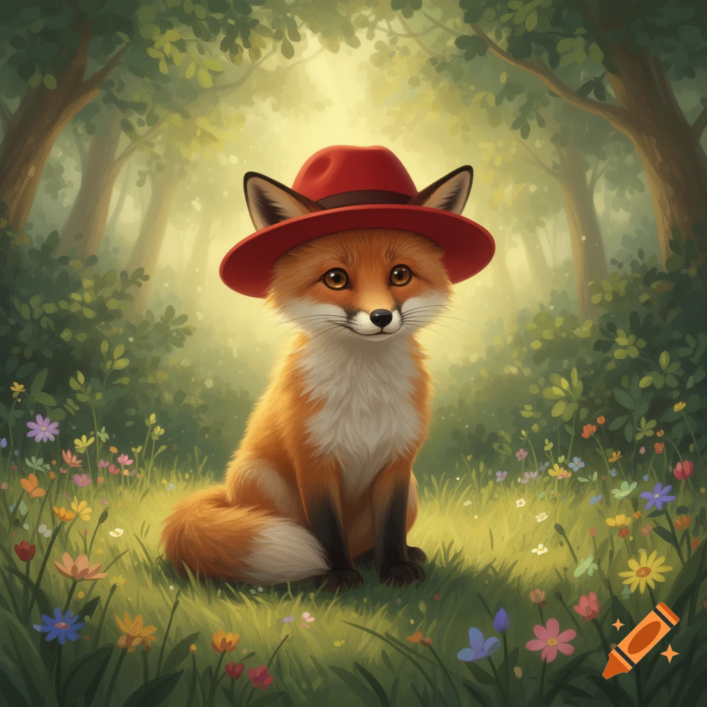 A cute fox in a red hat sits in a sunlit forest clearing with colorful wildflowers, digital art style.