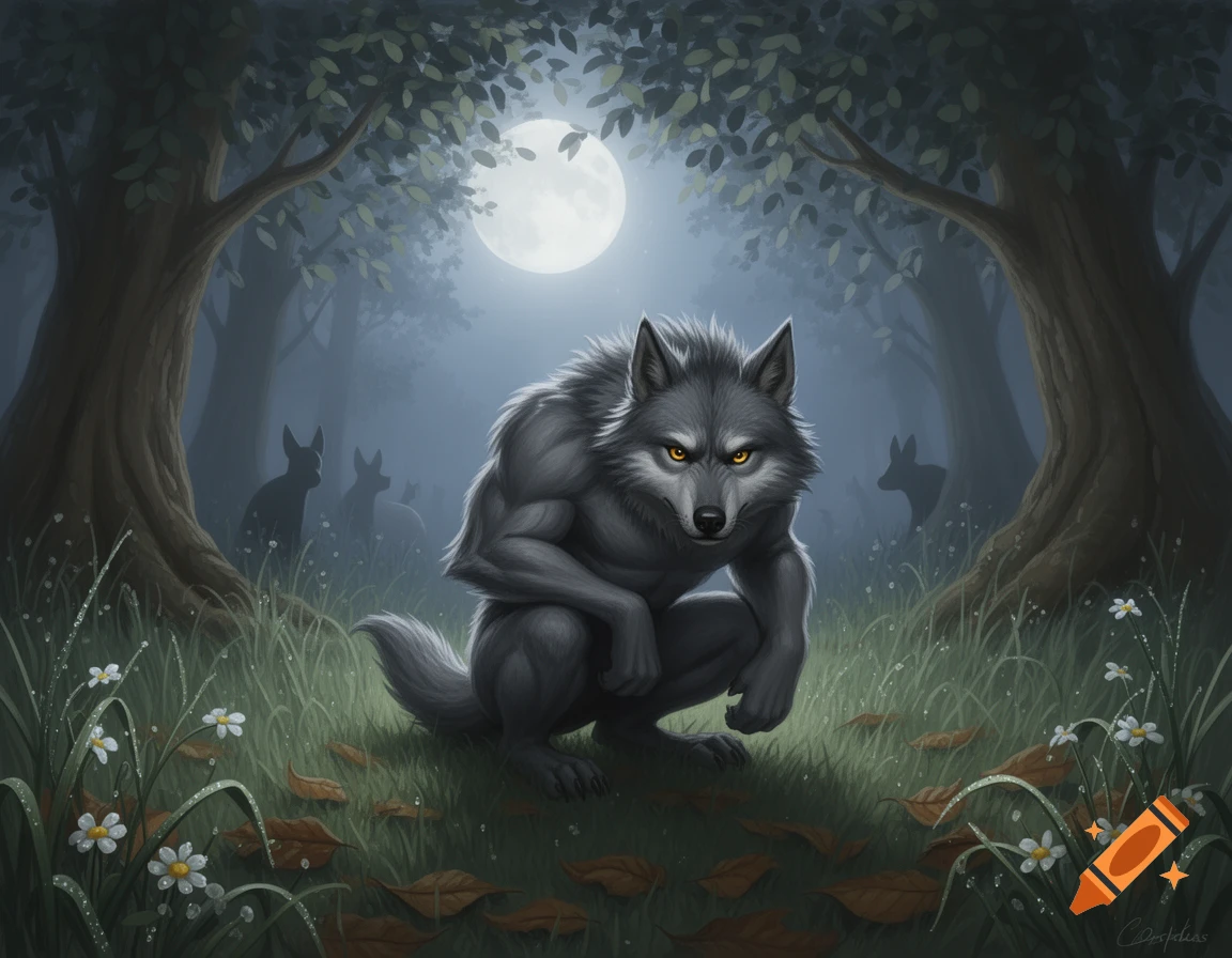 A muscular gray werewolf with glowing yellow eyes crouches in a moonlit, misty forest with trees, grass, and other wolf silhouettes.