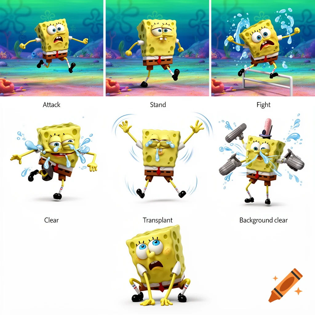 A grid of Spongebob Squarepants characters depicted in various poses like running, standing, fighting, crying, and with a clear background, all labeled with text.