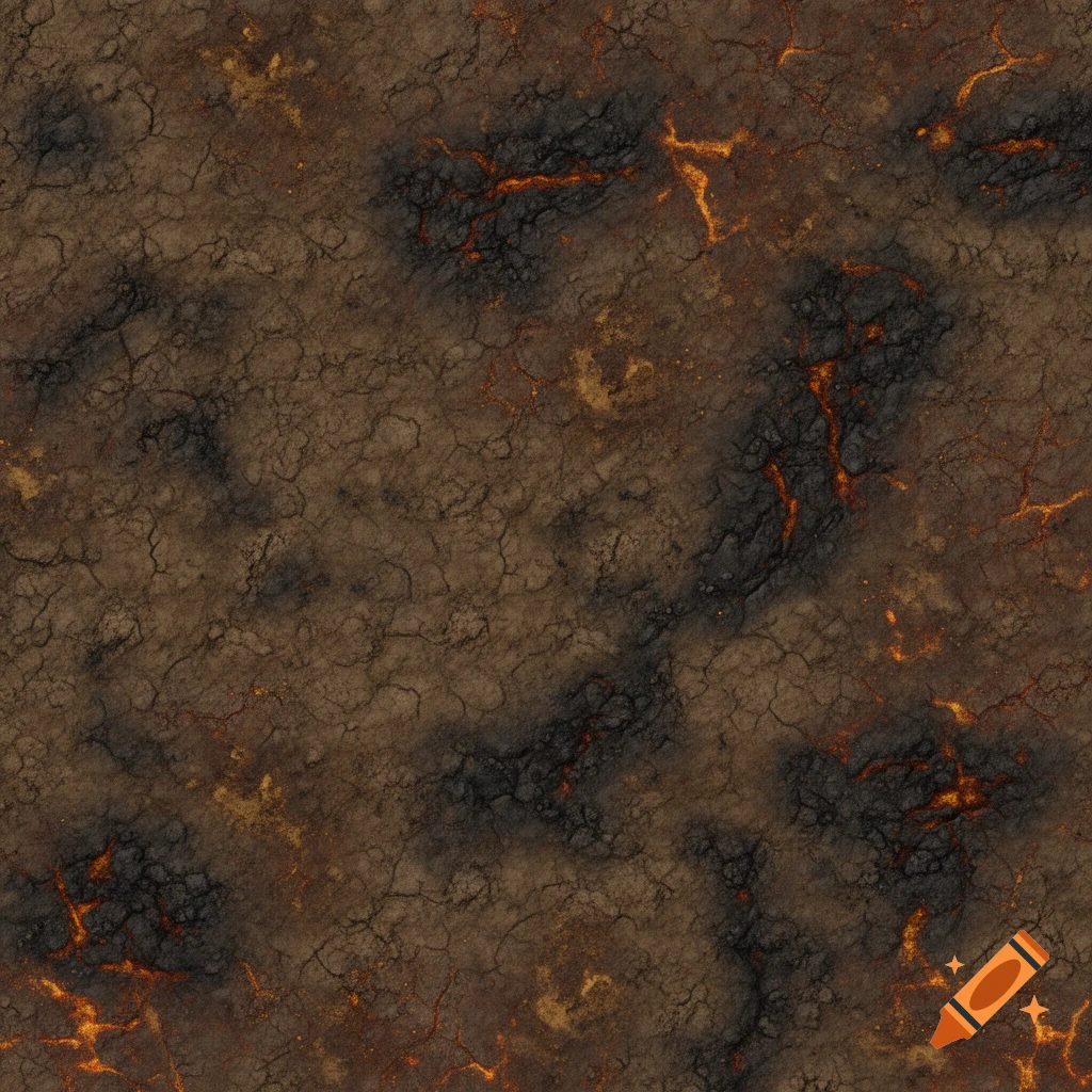A seamless texture of cracked dry earth with glowing orange lava-like fissures and dark, scorched patches.