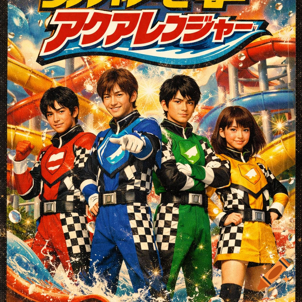Four diverse characters in colorful checkerboard costumes pose in front of waterslides, depicted in a vintage poster style.