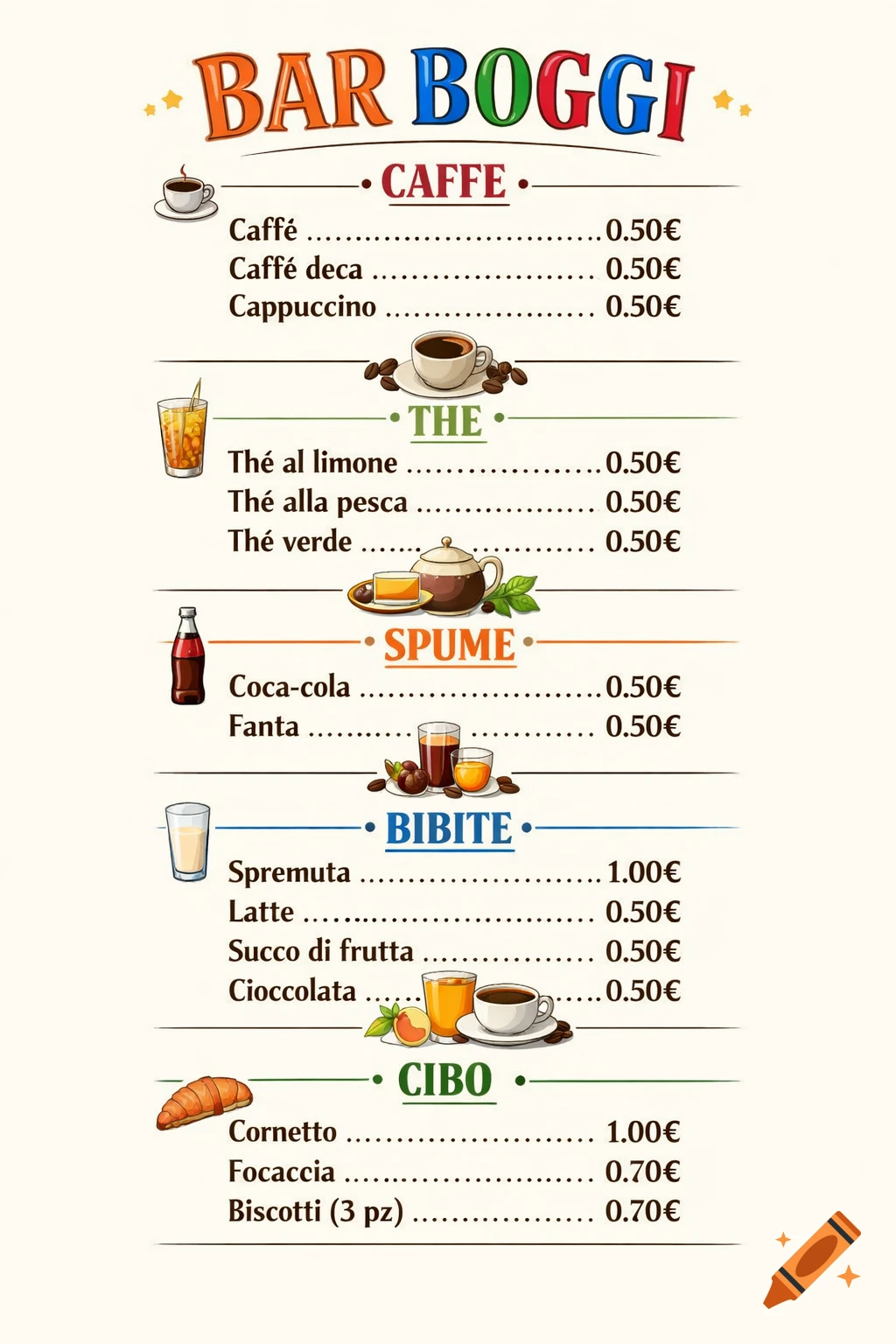 Illustrated menu for Bar Boggi featuring colorful text and icons, listing coffees, teas, sodas, juices, and pastries with prices.