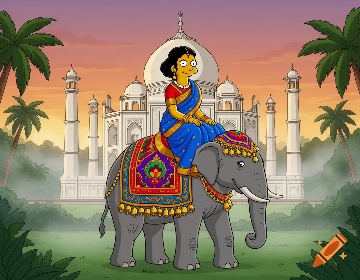 Manjula from The Simpsons in a blue saree, riding a decorated Indian elephant, with the Taj Mahal in the background.