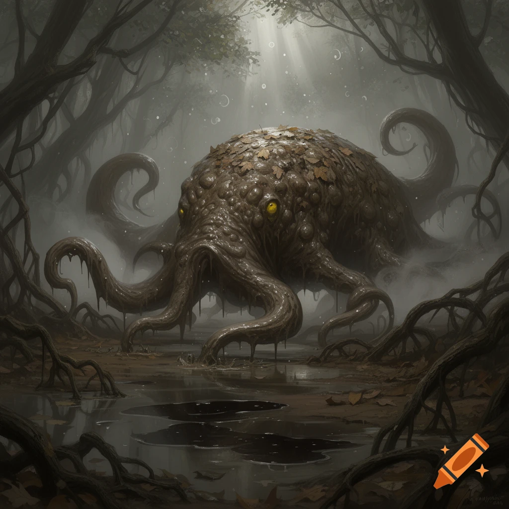 A large, slimy, tentacled monster with glowing yellow eyes in a misty, dark swamp with gnarled tree roots. Dark fantasy art.
