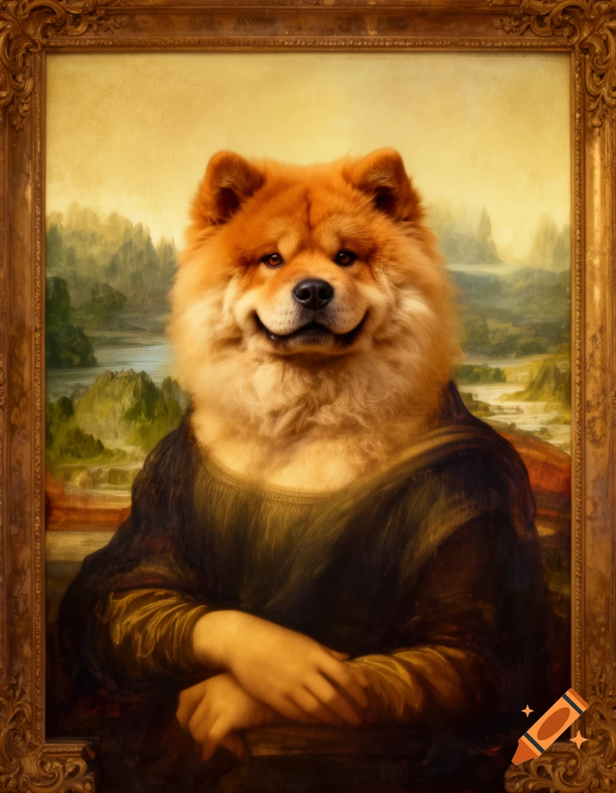 A painting of a fluffy chow chow dog with a gentle smile, dressed in the Mona Lisa's robes and posed against a landscape background.