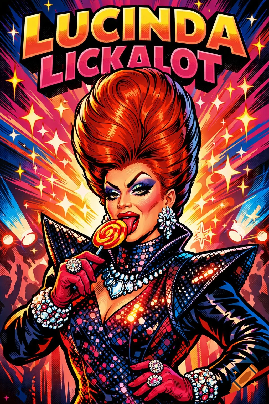 Vibrant comic-book style illustration of a drag queen with towering red hair, dramatic makeup, and a sequined outfit, licking a lollipop. Text reads "LUCINDA LICKALOT" above her.