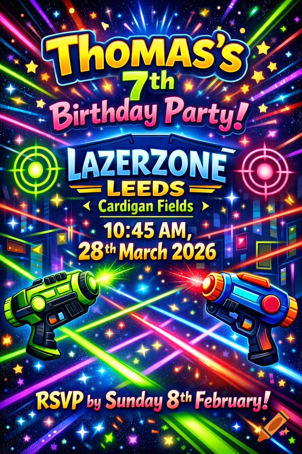 A vibrant birthday invitation for Thomas's 7th birthday party at Lazerzone, featuring two laser guns, bright laser beams, and stars against a dark background, with all party details clearly visible.
