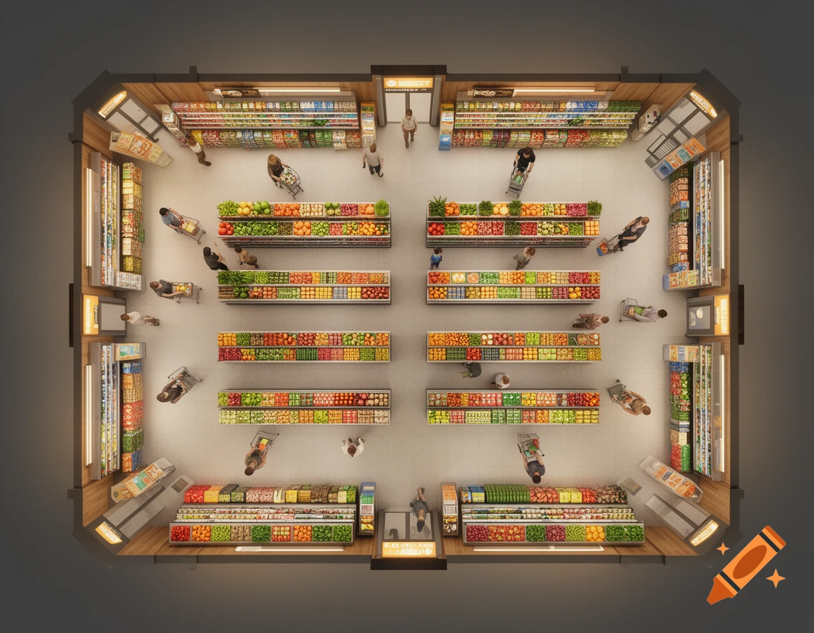 Overhead view of a detailed supermarket with multiple aisles of produce and products, and shoppers with carts.