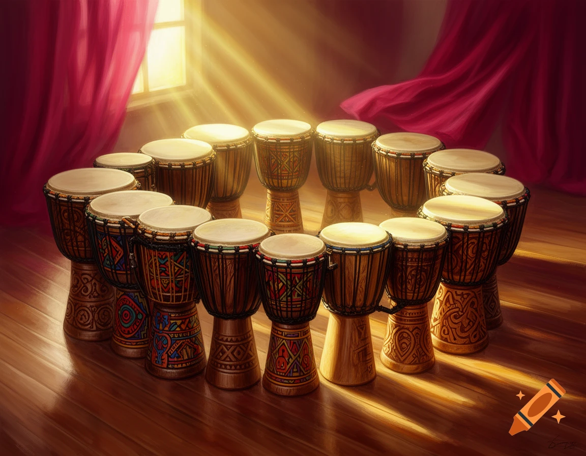 Multiple djembe drums with patterned bases arranged in a sunlit room with red curtains and wooden floors.