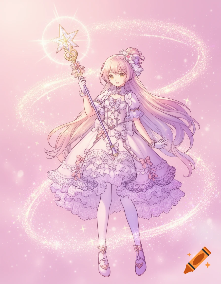An anime magical girl in a frilly white and pink dress, holding a glowing star-tipped wand against a pink sparkly background.