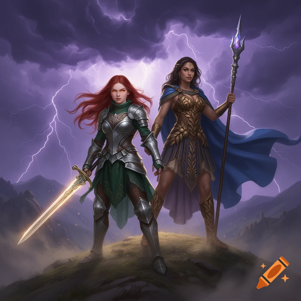 Two female fantasy warriors, one in silver armor with a glowing sword and the other in golden armor with a spear, stand on a stormy hill with lightning in a digital art style.