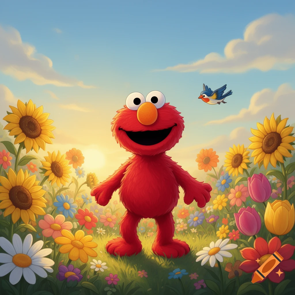 Elmo stands smiling in a vibrant field of sunflowers and colorful flowers under a bright blue sky with a small bird flying.