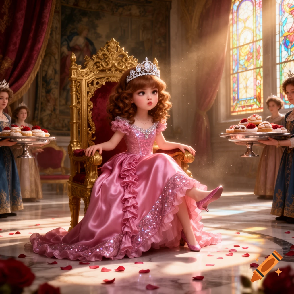 A stylized young princess in a shimmering pink gown and tiara sits on a golden throne in a grand hall, surrounded by rose petals, with attendants offering treats.