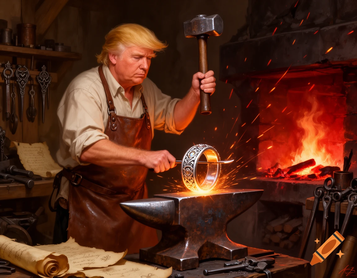 Donald Trump, dressed as a blacksmith, hammers a glowing ornate metal ring on an anvil in a fiery workshop.