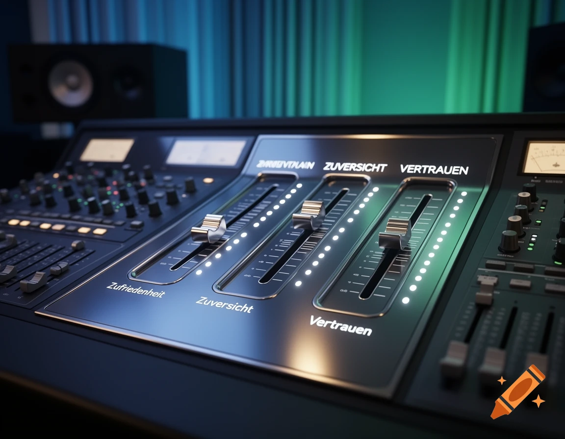 A close-up, photorealistic view of a modern mixing console with faders labeled 'Zufriedenheit', 'Zuversicht', and 'Vertrauen' illuminated in a studio with blue and green lighting.