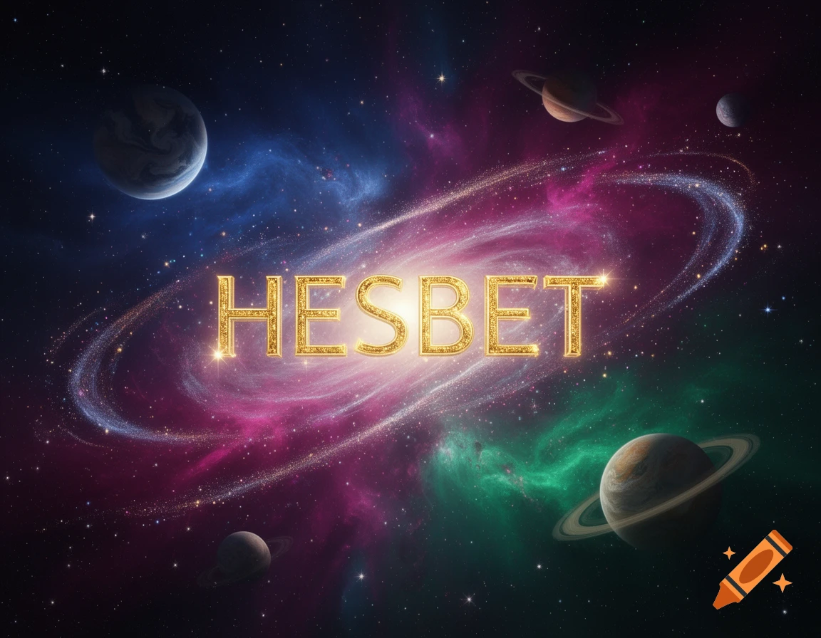 Golden sparkling 'HESBET' text floats in a vibrant galaxy with nebulae and several planets.