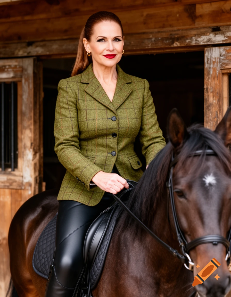 A woman in a green plaid riding jacket and black leather breeches sits on a horse, looking at the camera, in front of wooden stables.