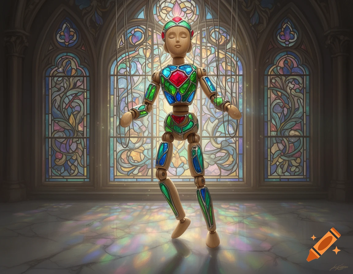 A wooden puppet with stained glass body parts stands in a gothic room with large stained glass windows, casting colorful light.