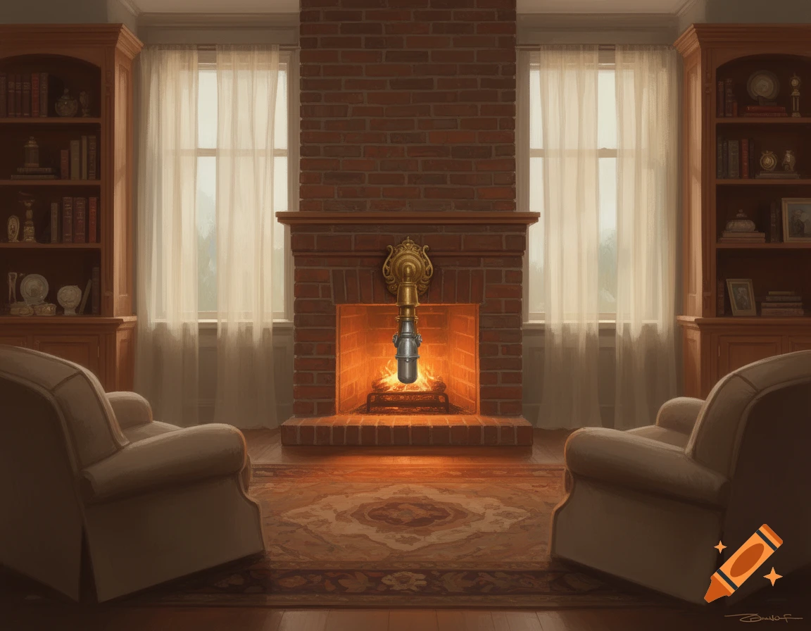A cozy living room with armchairs facing a brick fireplace, which has a golden faucet-like object emitting light. Bookshelves and windows flank the fireplace.