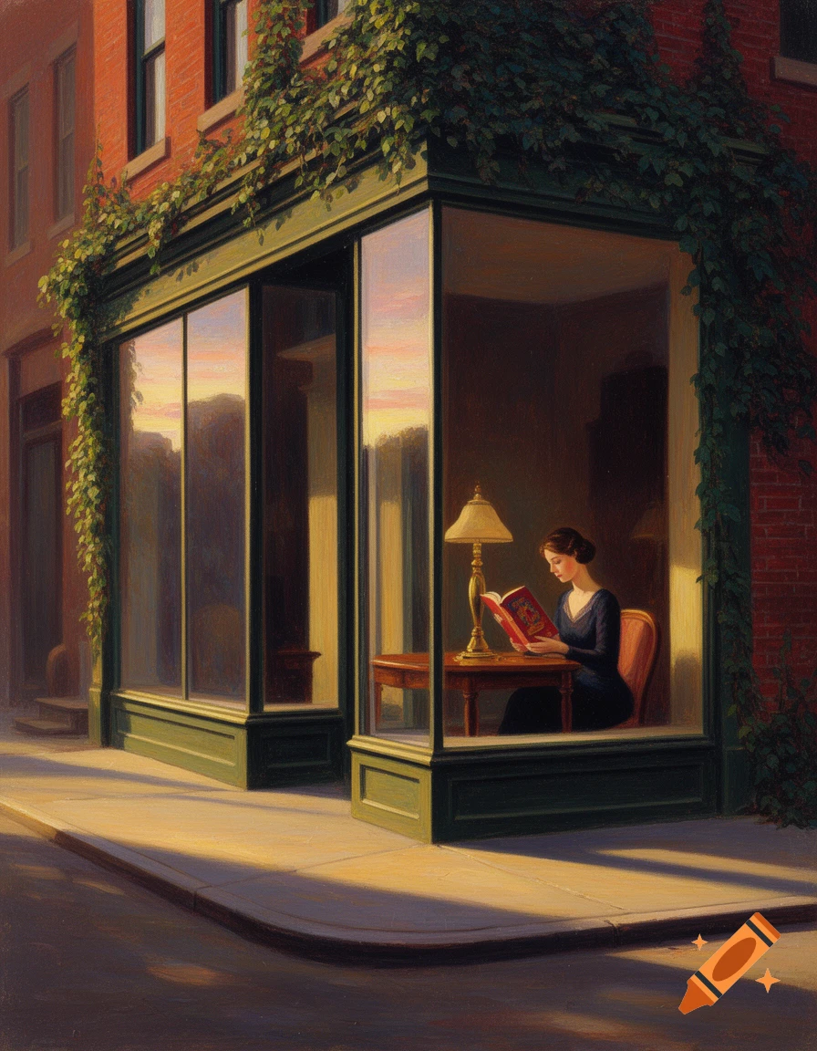 An oil painting in Edward Hopper's style shows a woman reading a red book inside a shop window with green trim at sunset. Ivy grows on the brick building.