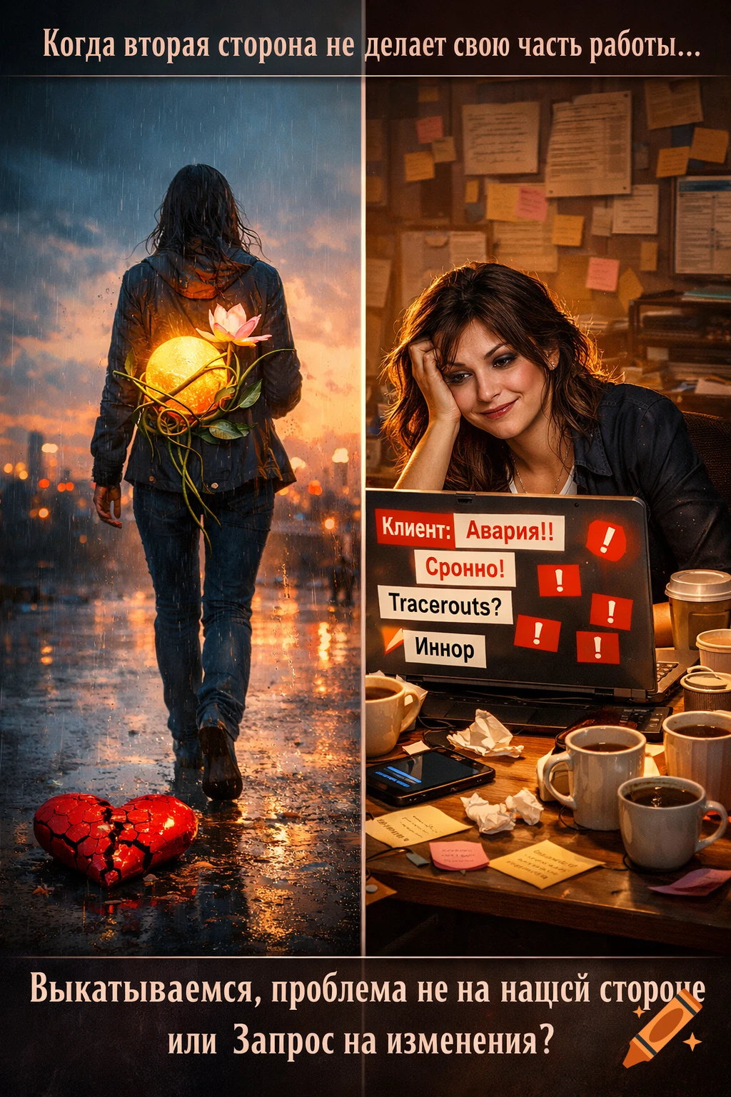 Split image shows a woman walking in the rain with a glowing orb, and another woman smiling ironically at a laptop screen filled with urgent messages and coffee cups.