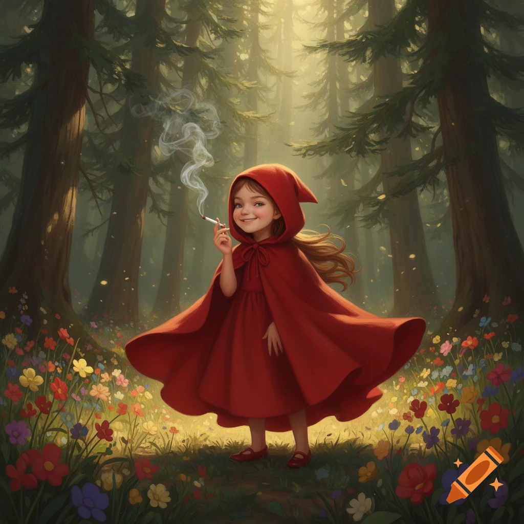 Little Red Riding Hood smokes a cigarette in a lush, sunlit forest filled with colorful flowers.