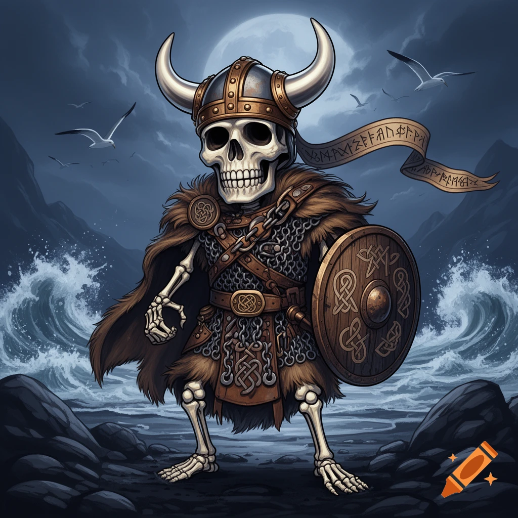 Cartoon skeleton Viking in horned helmet, fur cloak, chainmail, and shield, standing on a rocky shore with stormy sea and full moon.